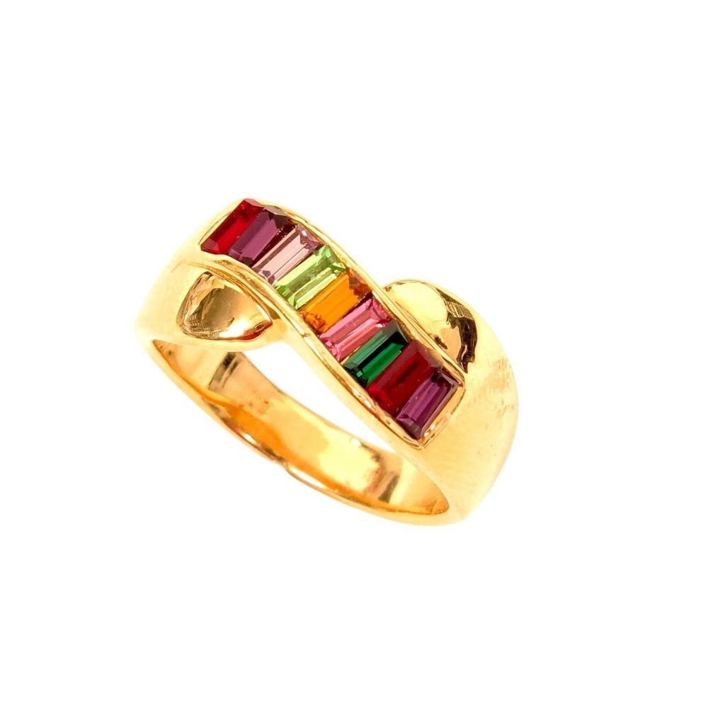 Vintage Multi-Color‎ Baguette Rhinestone Signed LS LOUIS STERN Gold Tn Ring Sz10